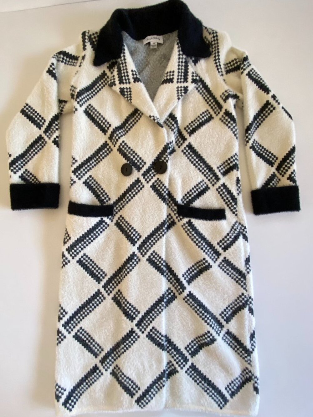 Joseph Ribkoff Windowpane Diamond Longline Coatigan Jacket Black Cream Sz Small - Picture 6 of 10
